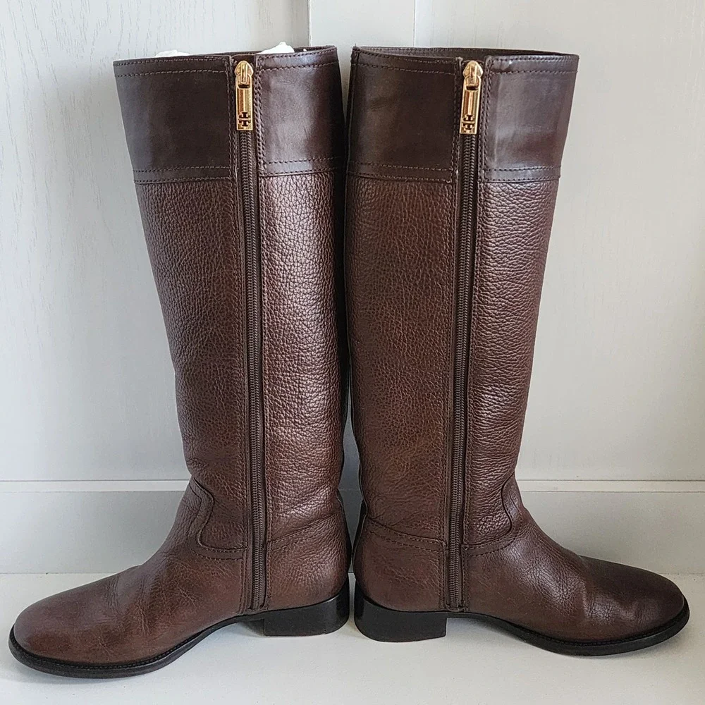 Tory Burch Julian Riding Boot Brown Leather Knee High Gold Logo Buckle Women 6.5
